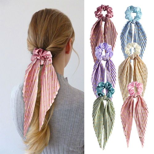 Set of 6 Handmade Pleated Floral Ribbon Scrunchies