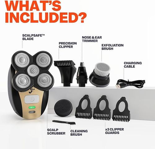The FlexSeries Electric Head Hair Shaver - Freebird - Ultimate Mens Cordless Rechargeable Wet-Dry Skull & Bald Head Waterproof Razor with Rotary Blades, Clippers, Nose Trimmer, Brush, Massager