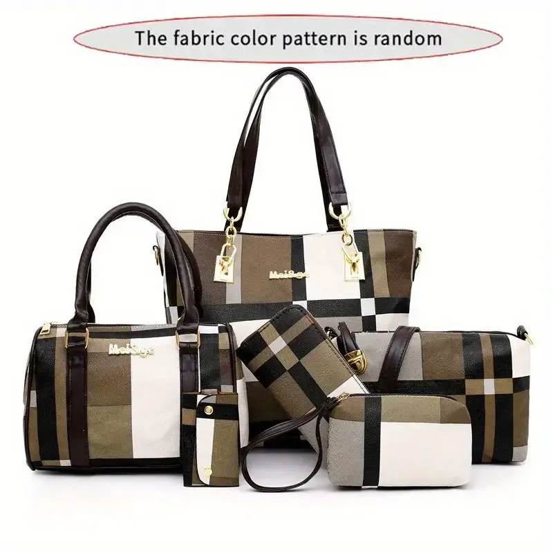 6pcs-set Large Capacity Shoulder Bag with Checkered Pattern and Multiple Functions: Handbag, Crossbody Bag, Clutch Bag, Long & Short Wallet