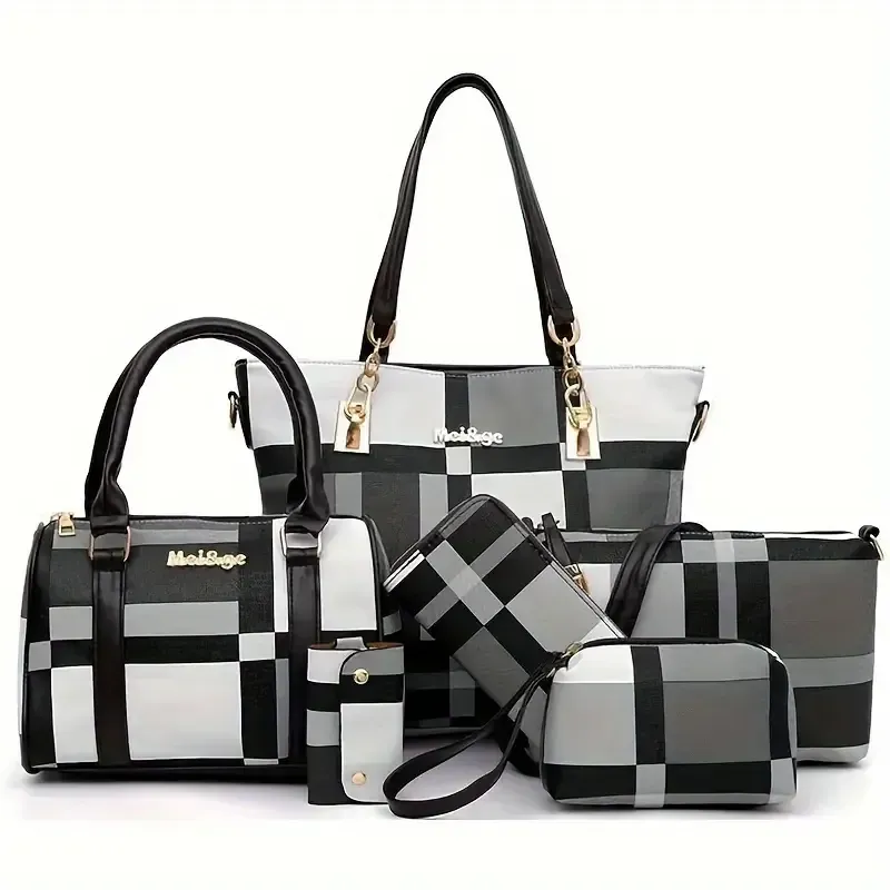 6pcs-set Large Capacity Shoulder Bag with Checkered Pattern and Multiple Functions: Handbag, Crossbody Bag, Clutch Bag, Long & Short Wallet