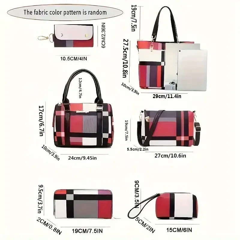 6pcs-set Large Capacity Shoulder Bag with Checkered Pattern and Multiple Functions: Handbag, Crossbody Bag, Clutch Bag, Long & Short Wallet