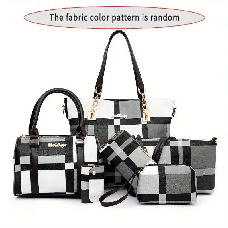 6pcs-set Large Capacity Shoulder Bag with Checkered Pattern and Multiple Functions: Handbag, Crossbody Bag, Clutch Bag, Long & Short Wallet
