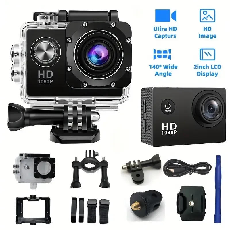 This Is a 1080P HD Action Camera Featuring Ultra HD Recording, a 140° Wide-Angle Lens, a 2.0inch LCD Screen, Designed for Outdoor Sports Recording, with Automatic Exposure, Digital Stabilization, a Fisheye Lens, And Powered by Battery Or USB, Saving Files in MP4 Format.