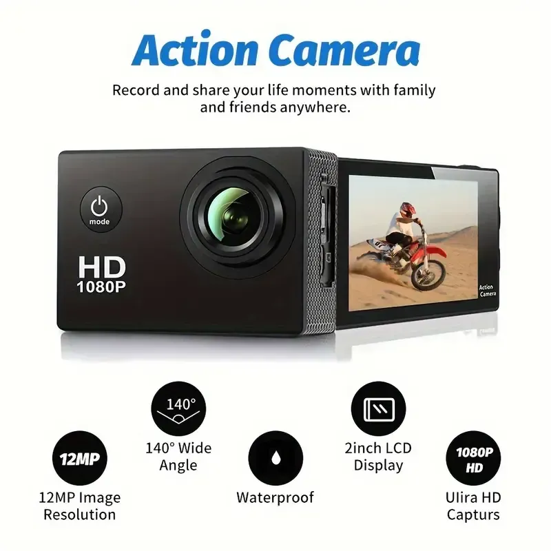 This Is a 1080P HD Action Camera Featuring Ultra HD Recording, a 140° Wide-Angle Lens, a 2.0inch LCD Screen, Designed for Outdoor Sports Recording, with Automatic Exposure, Digital Stabilization, a Fisheye Lens, And Powered by Battery Or USB, Saving Files in MP4 Format.