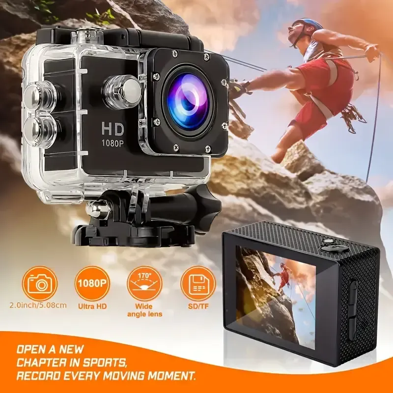 This Is a 1080P HD Action Camera Featuring Ultra HD Recording, a 140° Wide-Angle Lens, a 2.0inch LCD Screen, Designed for Outdoor Sports Recording, with Automatic Exposure, Digital Stabilization, a Fisheye Lens, And Powered by Battery Or USB, Saving Files in MP4 Format.