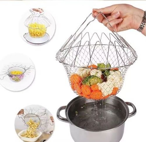 Stainless Steel Chef Basket Collapsible Multi-function Colander Cook Fried Basket Kitchen Cooking Tool