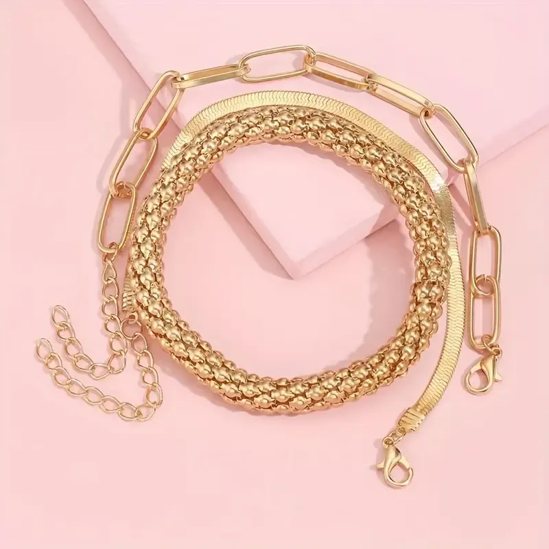 Trendy European And American Accessories: Hot-selling Multi-layer Snake Bone Chain Bracelet Set, Creative Vintage 3-piece Golden Chain Bracelet For Women