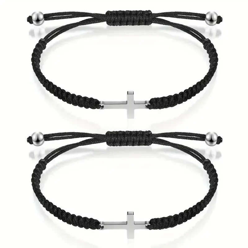 2pcs Stainless Steel Cross Bracelet for Boys Girls, Braided Rope Friendship Bracelet, Adjustable Faith Hope Blessed Jewelry for Men Women