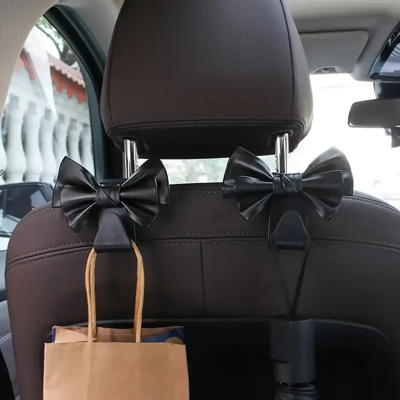 2pcs Stylish Bow Car Seat Hooks - PU Leather Backseat Storage & Decoration