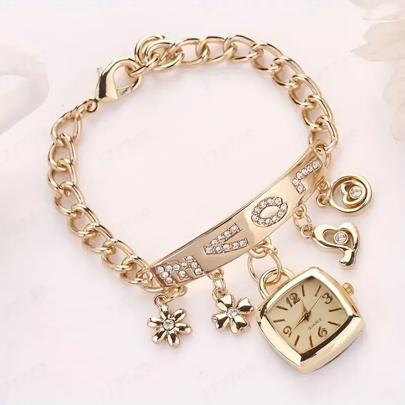 Casual Stainless Steel Watch Bracelet Watch Flower Women Bracelet Watch Women Luxury Heart Love Style Rhinestone Bracelet Women