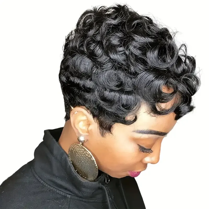 Short Pixie Wigs For Black Women Short Black Curly Pixie Wigs Synthetic Hair Wigs For Black Women Natural Wavy Black Pixie Cut Wig Short Curly Layered Pixie Wig For Women