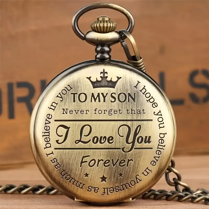 Vintage Bronze Pocket Watch for Men with Engraved I Love You  Inscription, Round Dial, Quartz Movement
