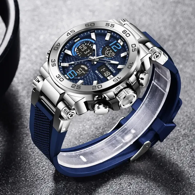 LIGE Men'S Sports Watch, Dual Display Digital, Round Dial, Plastic Case, Water-resistant 1968.5inch, Stopwatch, Alarm Clock, Chronograph, Luminous, with Silica Gel Strap, for Outdoor Hiking, Schooling, Student