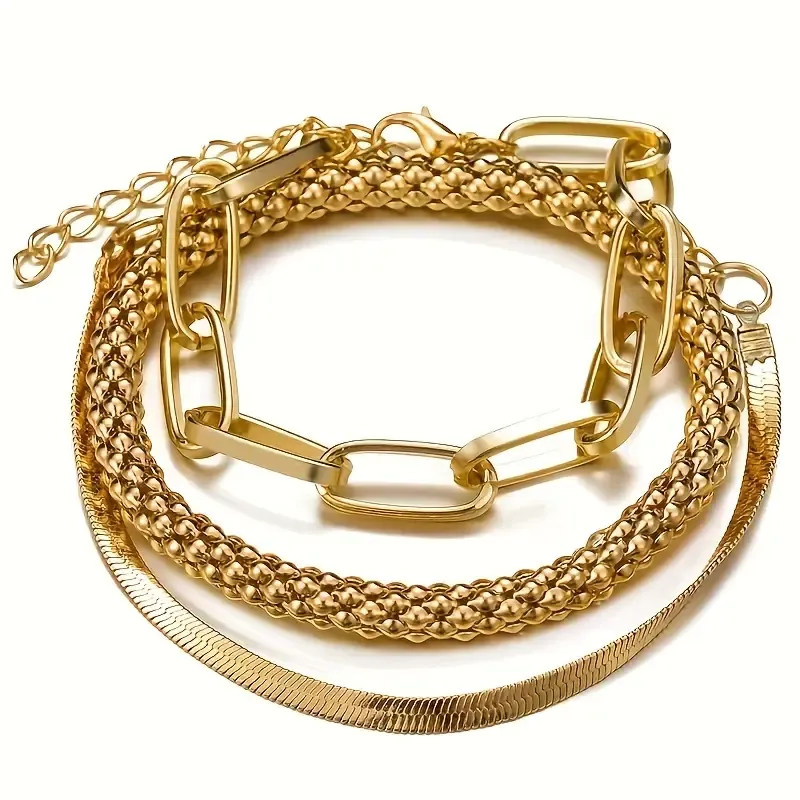 Trendy European And American Accessories: Hot-selling Multi-layer Snake Bone Chain Bracelet Set, Creative Vintage 3-piece Golden Chain Bracelet For Women