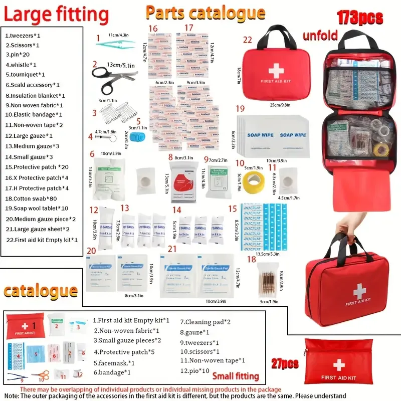 27pcs(173pcs )Multi-purpose Small Large First Aid Kit: Portable Bag For Outdoor Hunting, Hiking, Camping And More - Including Emergency Supplies! Included Accessories