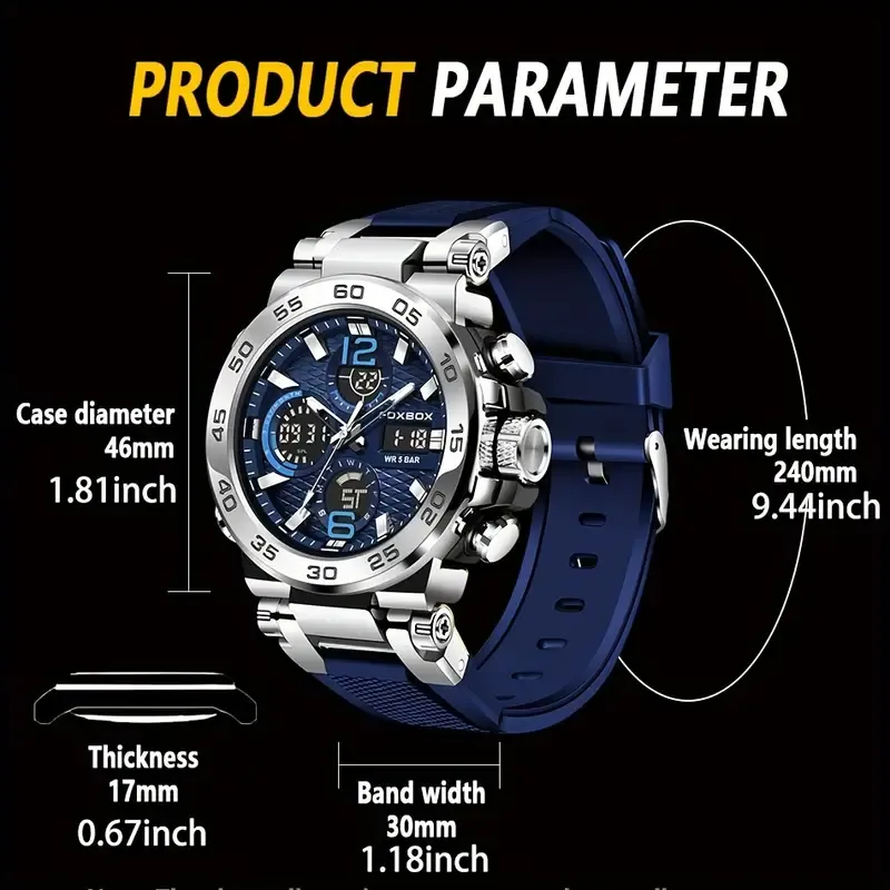 LIGE Men'S Sports Watch, Dual Display Digital, Round Dial, Plastic Case, Water-resistant 1968.5inch, Stopwatch, Alarm Clock, Chronograph, Luminous, with Silica Gel Strap, for Outdoor Hiking, Schooling, Student