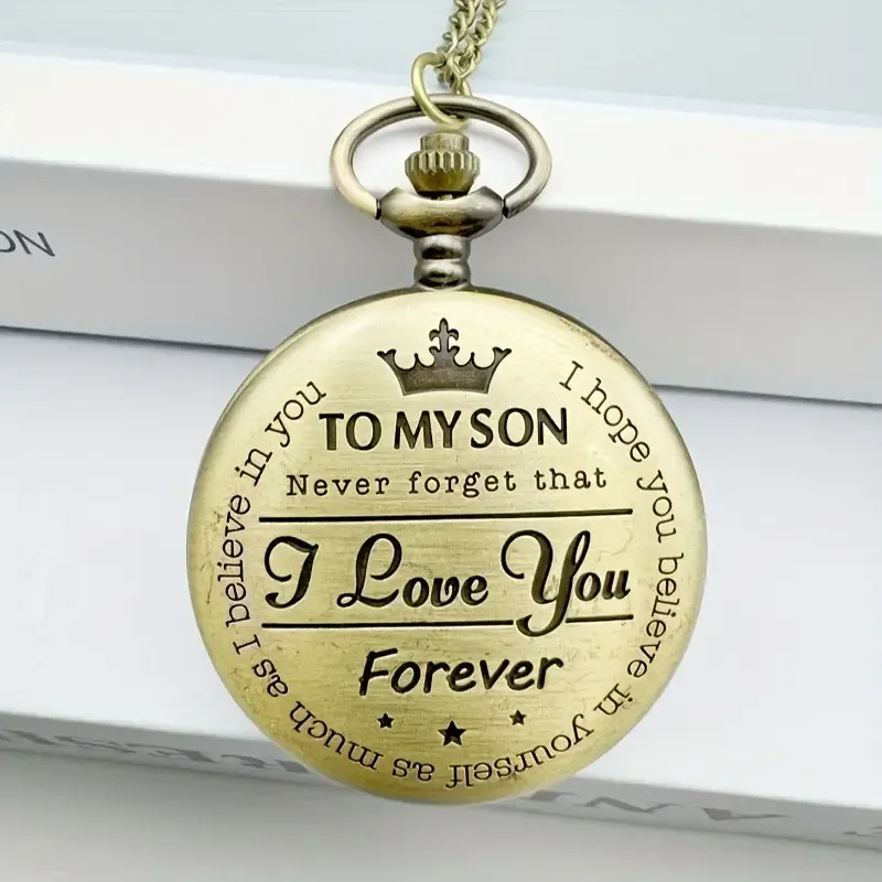 Vintage Bronze Pocket Watch for Men with Engraved I Love You  Inscription, Round Dial, Quartz Movement