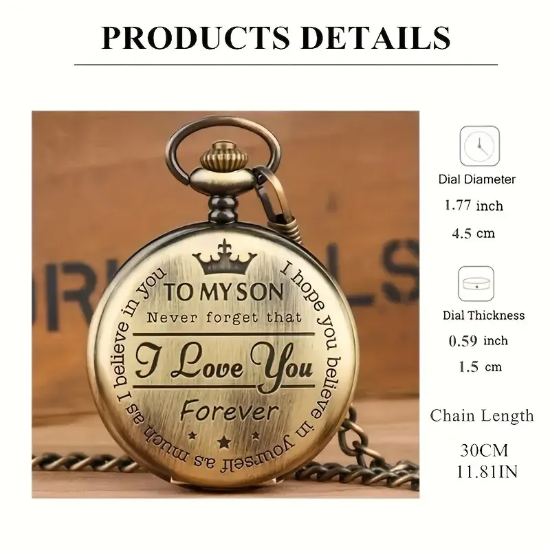 Vintage Bronze Pocket Watch for Men with Engraved I Love You  Inscription, Round Dial, Quartz Movement