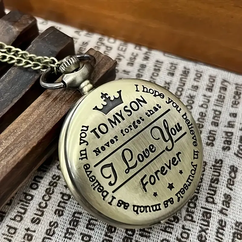 Vintage Bronze Pocket Watch for Men with Engraved I Love You  Inscription, Round Dial, Quartz Movement