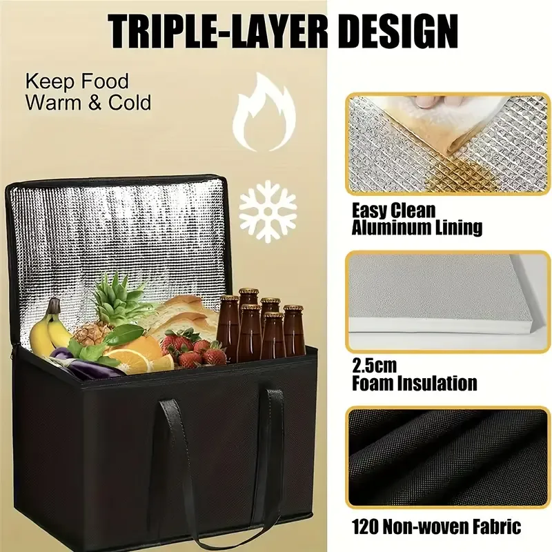 arge  XL Insulated Bag: Keep Food Hot & Cold For Hours Grocery Tote, Soft Cooler Bag, Pizza Warmer, Lightweight & Sturdy Zipper Christmas Gift