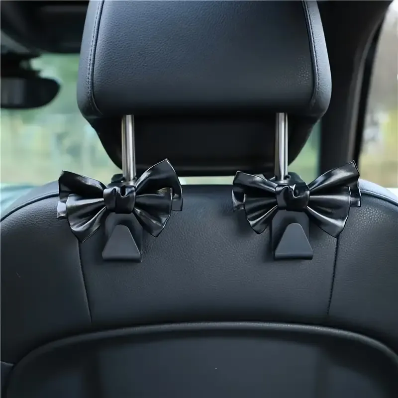 2pcs Stylish Bow Car Seat Hooks - PU Leather Backseat Storage & Decoration