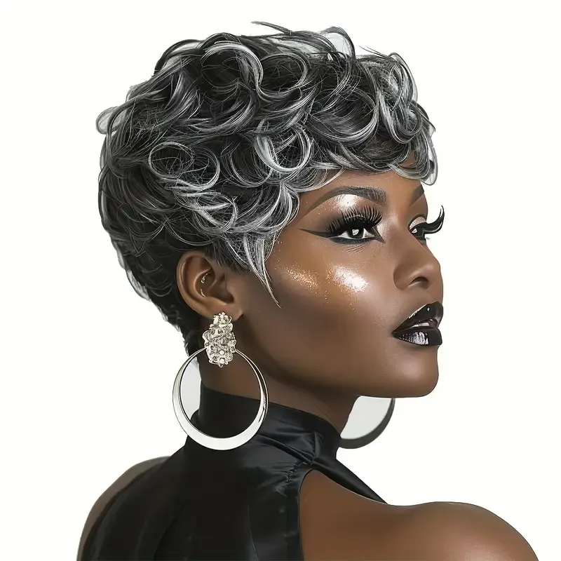 Short Pixie Wigs For Black Women Short Black Curly Pixie Wigs Synthetic Hair Wigs For Black Women Natural Wavy Black Pixie Cut Wig Short Curly Layered Pixie Wig For Women