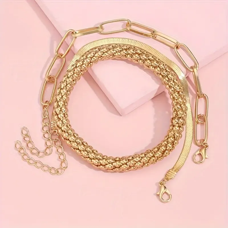 Trendy European And American Accessories: Hot-selling Multi-layer Snake Bone Chain Bracelet Set, Creative Vintage 3-piece Golden Chain Bracelet For Women