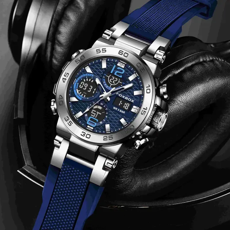 LIGE Men'S Sports Watch, Dual Display Digital, Round Dial, Plastic Case, Water-resistant 1968.5inch, Stopwatch, Alarm Clock, Chronograph, Luminous, with Silica Gel Strap, for Outdoor Hiking, Schooling, Student