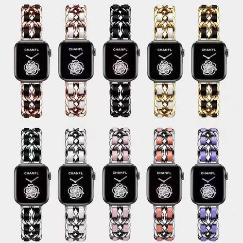 Compatible with Apple Watch S109876543 Generation Premium Chanel-Style Strap Leather & Metal Chain