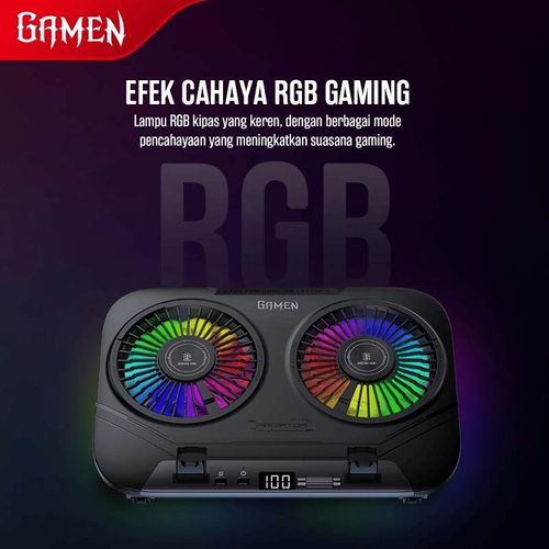GAMEN Cooling Pad Laptop Gaming Dual Kipas Turbo RGB Light GCP300 100 Level Fan Speed With Phone Holder Silent