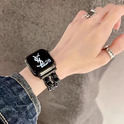 Compatible with Apple Watch S109876543 Generation Premium Chanel-Style Strap Leather & Metal Chain