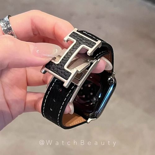Soft Lychee-Patterned H Magnetic Buckle Genuine Leather Apple Watch Band