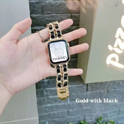 Compatible with Apple Watch S109876543 Generation Premium Chanel-Style Strap Leather & Metal Chain
