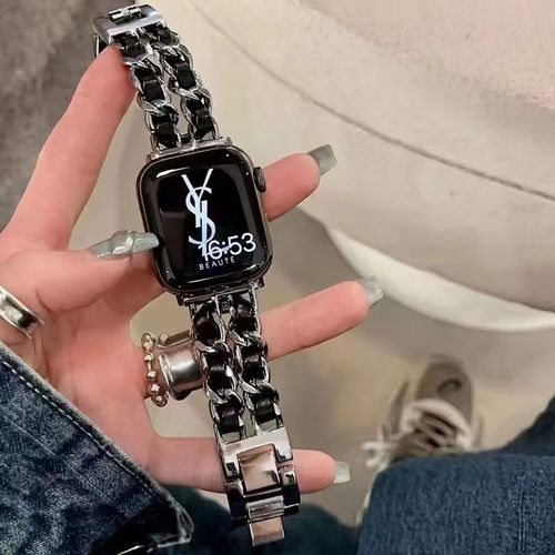 Compatible with Apple Watch S109876543 Generation Premium Chanel-Style Strap Leather & Metal Chain