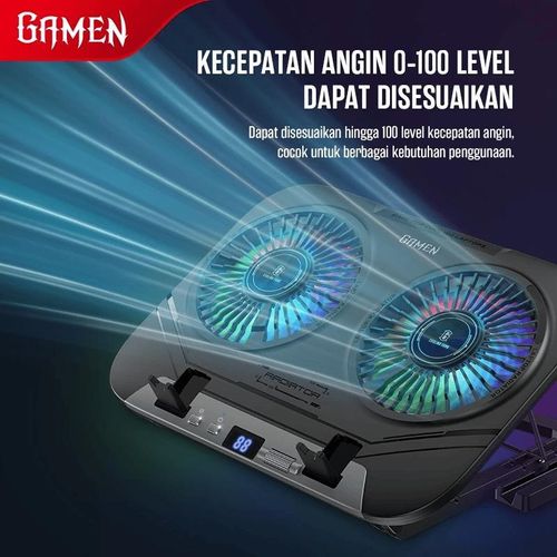 GAMEN Cooling Pad Laptop Gaming Dual Kipas Turbo RGB Light GCP300 100 Level Fan Speed With Phone Holder Silent