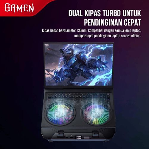 GAMEN Cooling Pad Laptop Gaming Dual Kipas Turbo RGB Light GCP300 100 Level Fan Speed With Phone Holder Silent