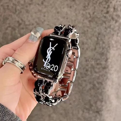 Compatible with Apple Watch S109876543 Generation Premium Chanel-Style Strap Leather & Metal Chain
