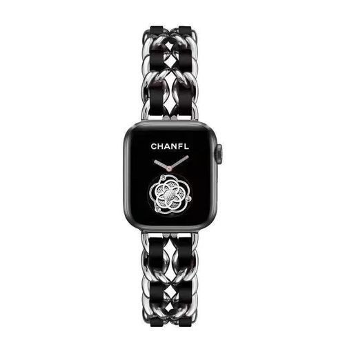 Compatible with Apple Watch S109876543 Generation Premium Chanel-Style Strap Leather & Metal Chain
