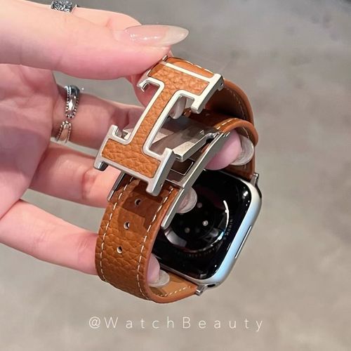 Soft Lychee-Patterned H Magnetic Buckle Genuine Leather Apple Watch Band
