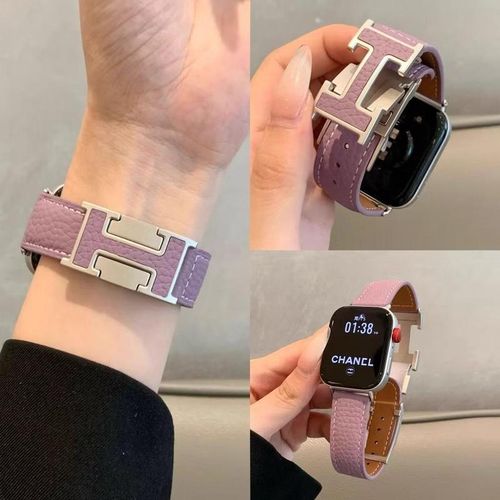 Soft Lychee-Patterned H Magnetic Buckle Genuine Leather Apple Watch Band