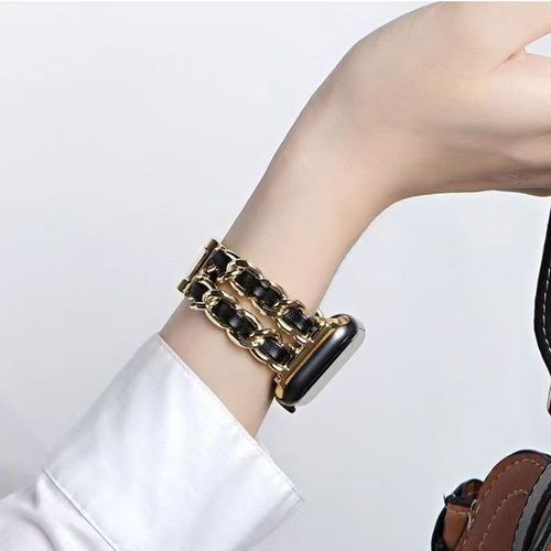 Compatible with Apple Watch S109876543 Generation Premium Chanel-Style Strap Leather & Metal Chain