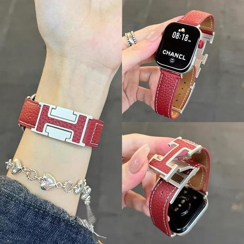 Soft Lychee-Patterned H Magnetic Buckle Genuine Leather Apple Watch Band