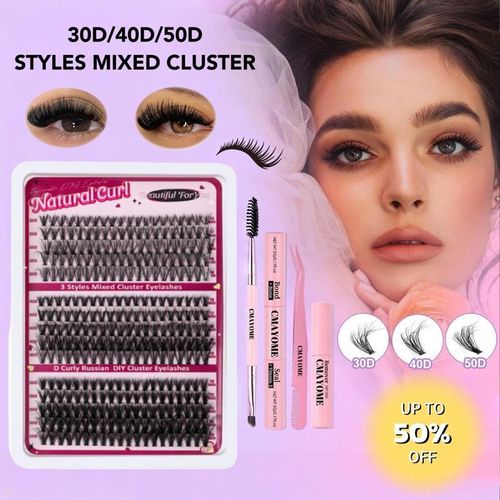 Sefiora 30D+40D+50D Kit de Clusters de Pestañas Waterproof 300Pcs con Adhesivo Duradero y Removedor para Principiant