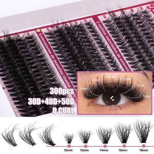 Sefiora 30D+40D+50D Kit de Clusters de Pestañas Waterproof 300Pcs con Adhesivo Duradero y Removedor para Principiant