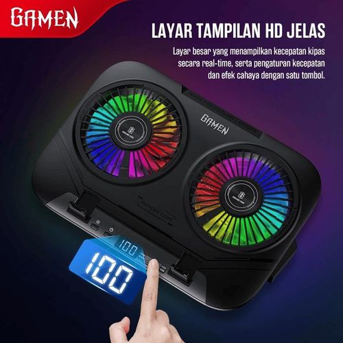 GAMEN Cooling Pad Laptop Gaming Dual Kipas Turbo RGB Light GCP300 100 Level Fan Speed With Phone Holder Silent