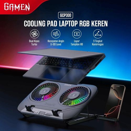 GAMEN Cooling Pad Laptop Gaming Dual Kipas Turbo RGB Light GCP300 100 Level Fan Speed With Phone Holder Silent