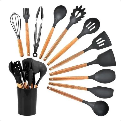 Kit Colheres Silicones 12 Peças Silicone C Suporte Bambu Cor Preto