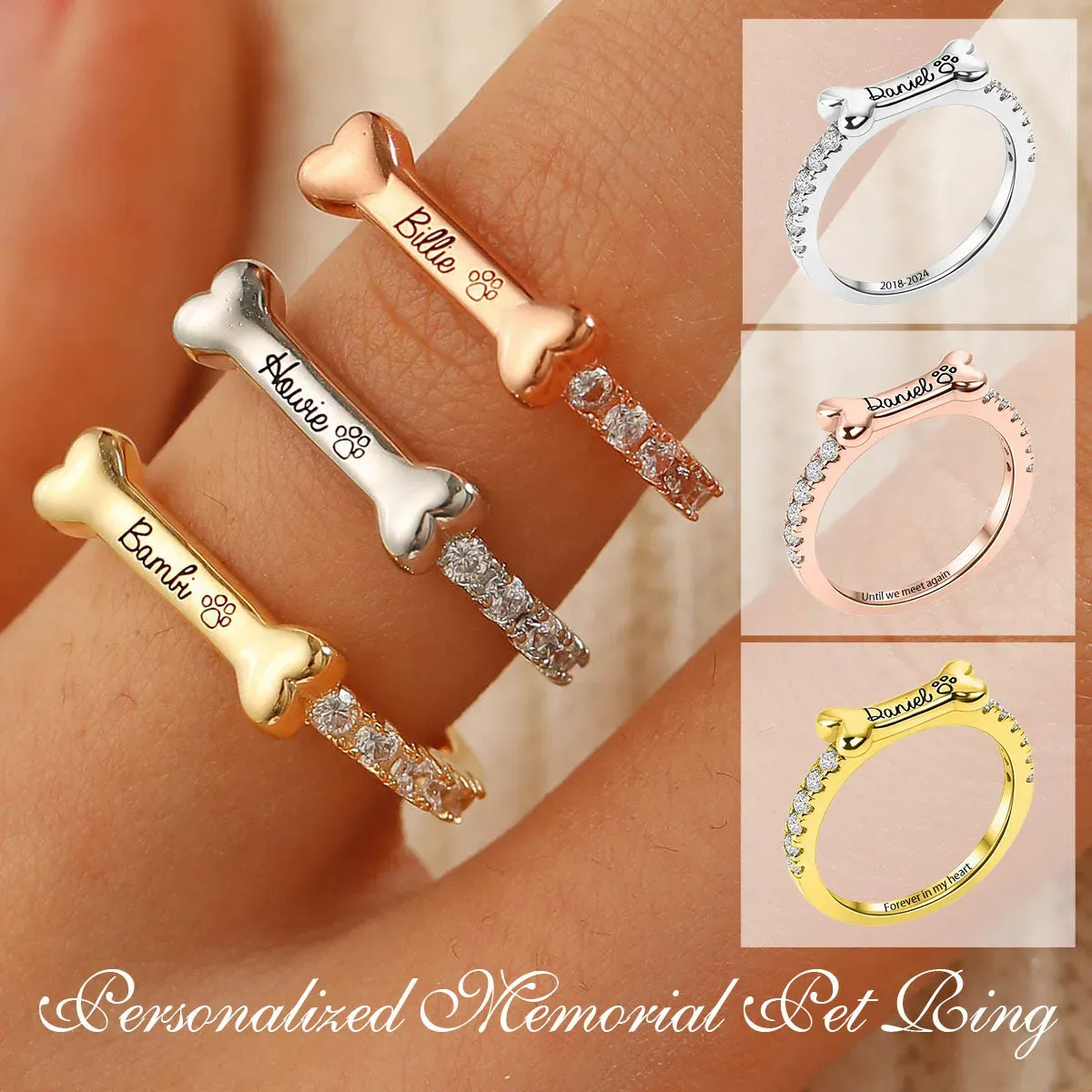 Personalized Pet Memorial Ring – Custom Engraved Bone Design with Paw Print