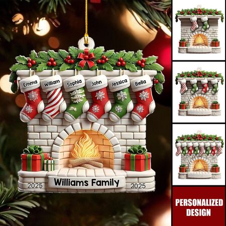 Personalized Fireplace Christmas Ornament – Custom Family Name  (2025 Holiday Decor)
