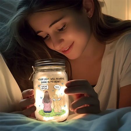 Personalized Memorial Jar Light – 'Your Light Will Always Shine in My Heart' – Custom Girl & Pet Tribute Gift